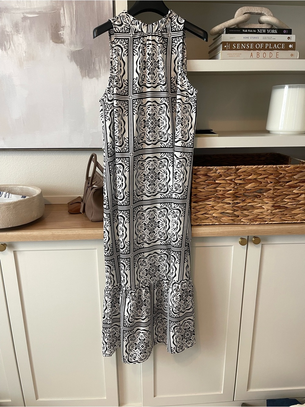 LOFT Black and White Sleeveless Tile-Print Maxi Dress